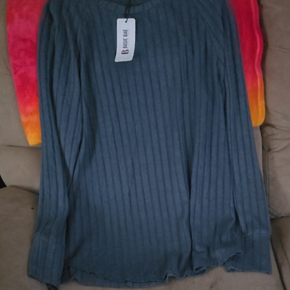 Bershka Blue Ribbed Long Sleeve Top